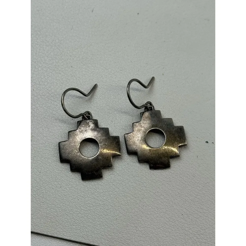 Vintage Sterling Silver Hook Pierced Earrings Chakana Cross Unmarked